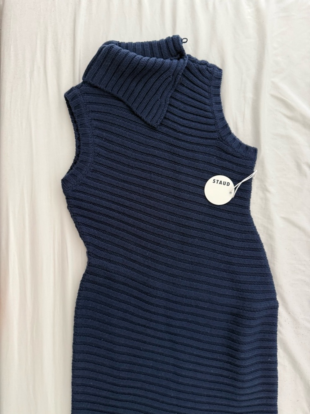 NWT STAUD Navy Ribbed Sleeveless Turtleneck Sweater LARGE retail $495